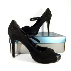 Vintage 90s Nine West Velvet Platform Heels - Size 10 Black Mary Jane Peep Toe